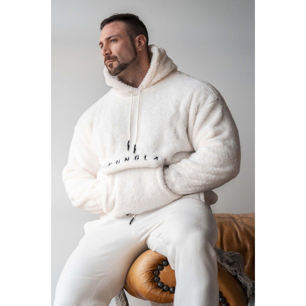YoungLA White Teddy Plush Sherpa Hoodie Sweater Kangaroo Zip Pouch Large Unisex
